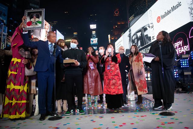 Mayor Eric Adams is sworn in as the 110th Mayor of New York City in Times Square minutes after midnight on Saturday, January 1, 2022.